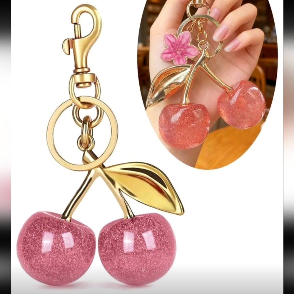 Gold Pink Cherry Keychain Bag Charm - Picture 3 of 10